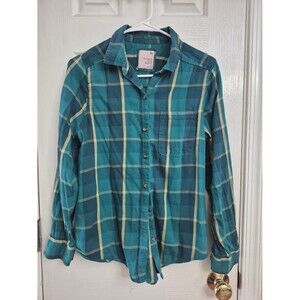 SO Plaid Button-Down Shirt Womens Small Teal Yellow Favorite Long Sleeve Pocket